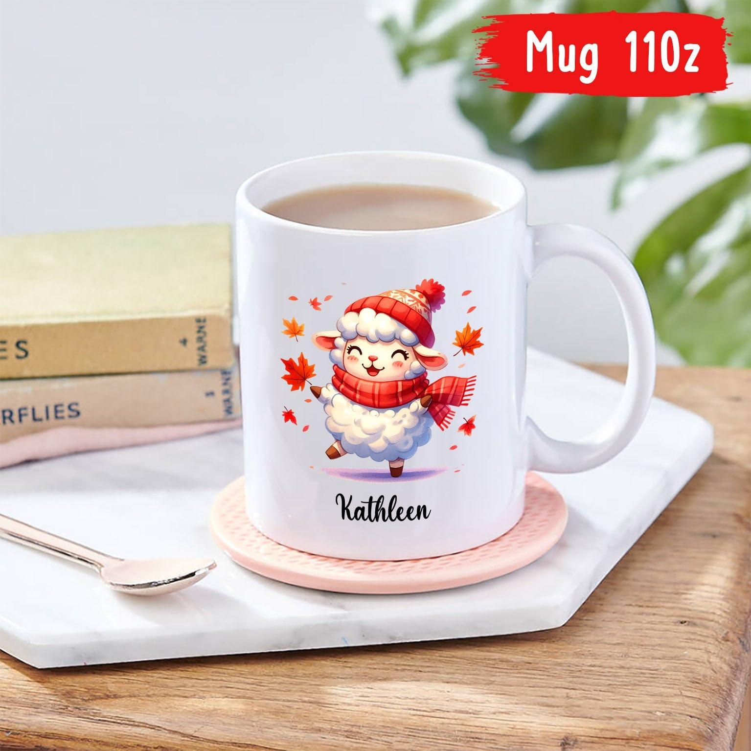 Cenluxy Baby Sheep Coffee Mug, Personalized Name Autumn Sheep Mug Gift, Sheep Animal Cup, Customized Sheep Ceramic Mug Gifts For Sheep Lovers Birthday, Cute Sheep Travel Mugs, Sheep White Tea Cup 11Oz 15Oz