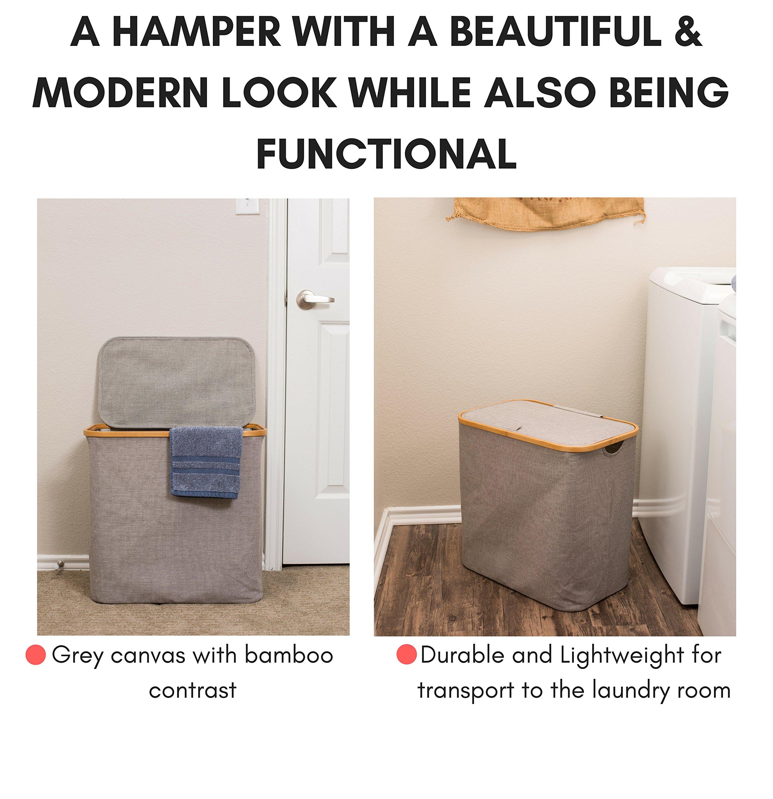 BirdRock Home BIRDROCK HOME Bamboo & Canvas Hamper - Laundry Basket Organizer - Lightweight Foldable Clothing Bin with Lid - Modern Covered Laundry Hamper for Clothes, Bedroom, Bathroom, & Dorm - Grey, Single Lid