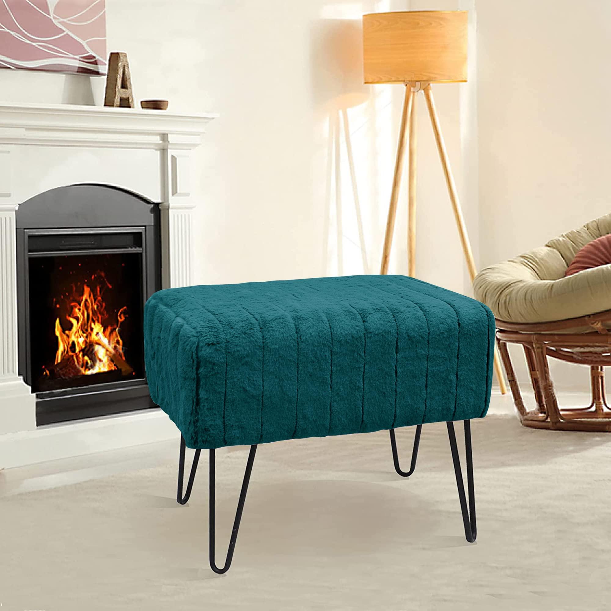 Warmaxx Warmaxx Blue-Green Mink Faux Fur Ottoman Entryway Bench, 19.5\"x12.5\"x17\"H Comfy Furry Makeup Stools with Metal Legs Foot Rest Sturdy Foot Stool Bedroom End of Bed Living Room Couch Vanity Home Dcor