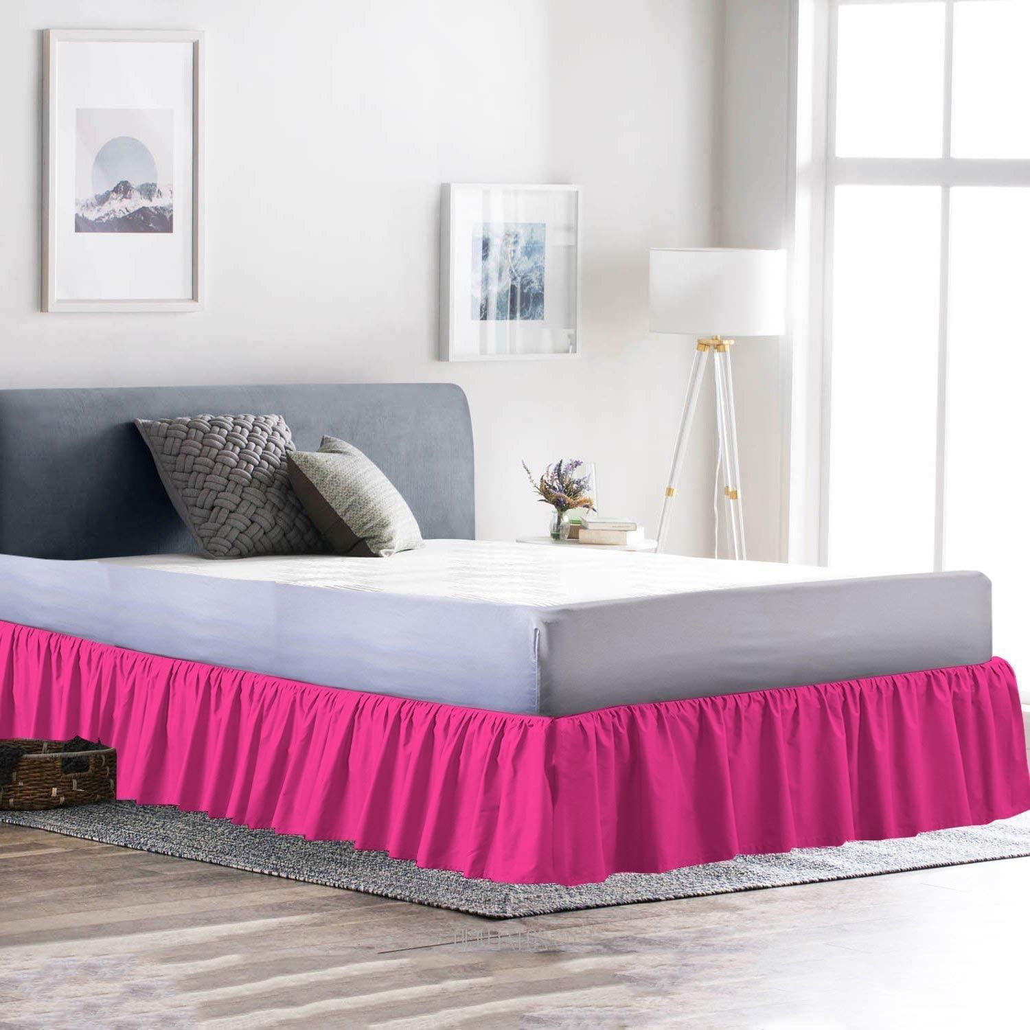 HIGH LANE BEDDING Hot Pink Ruffle Bed Skirt with 14\" Drop -Split Corners 800 Thread Count Cotton,Gathered Style with Platform Three Sided Coverage Dust Ruffle Bed Skirt-Short Queen(60\"X 75\") Hot Pink Bed Skirt