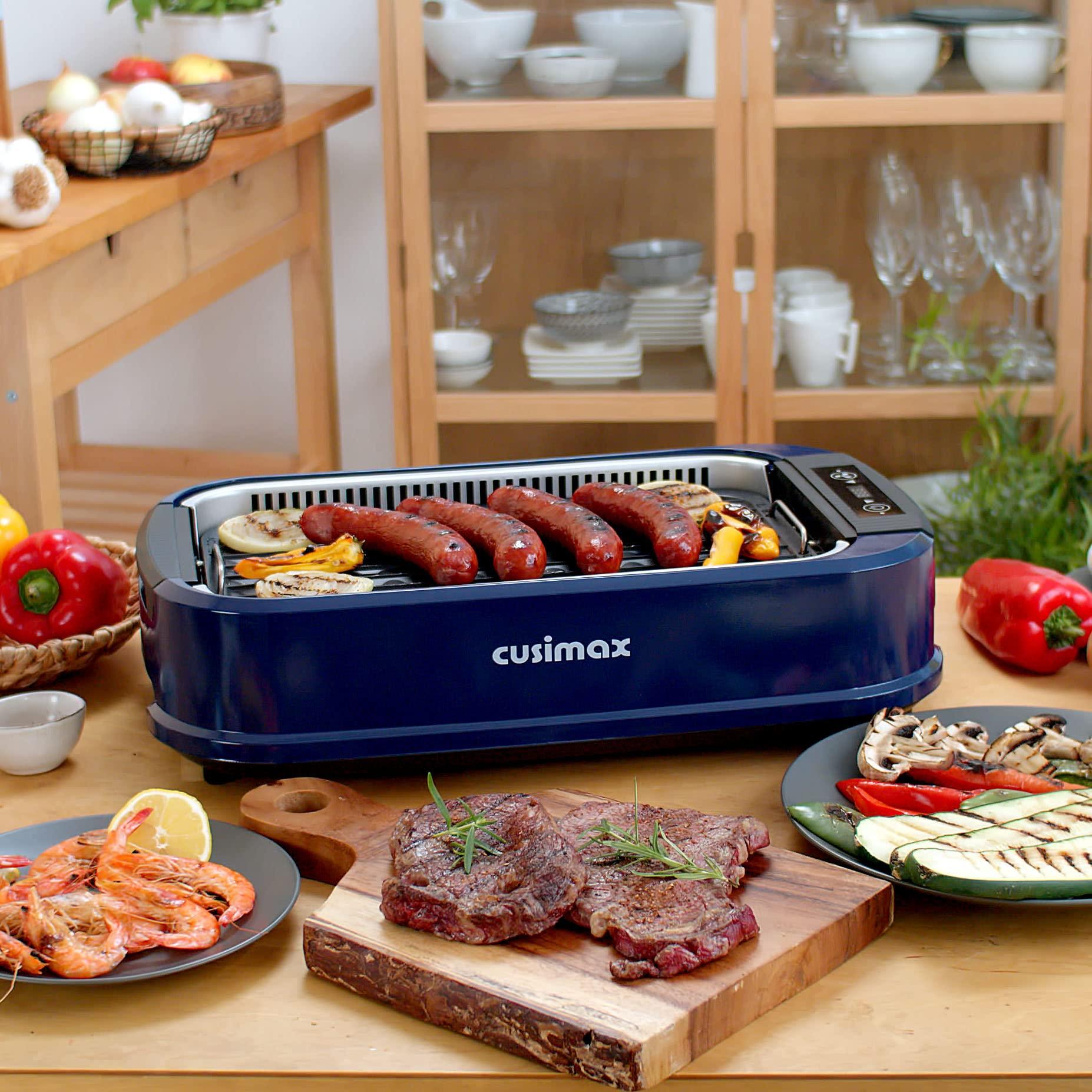 CUSIMAX CUSIMAX Smokeless Grill, 1500W Electric Indoor Grill with LED Smart Display & Tempered Glass Lid, Non-stick Removable Plate, Blue