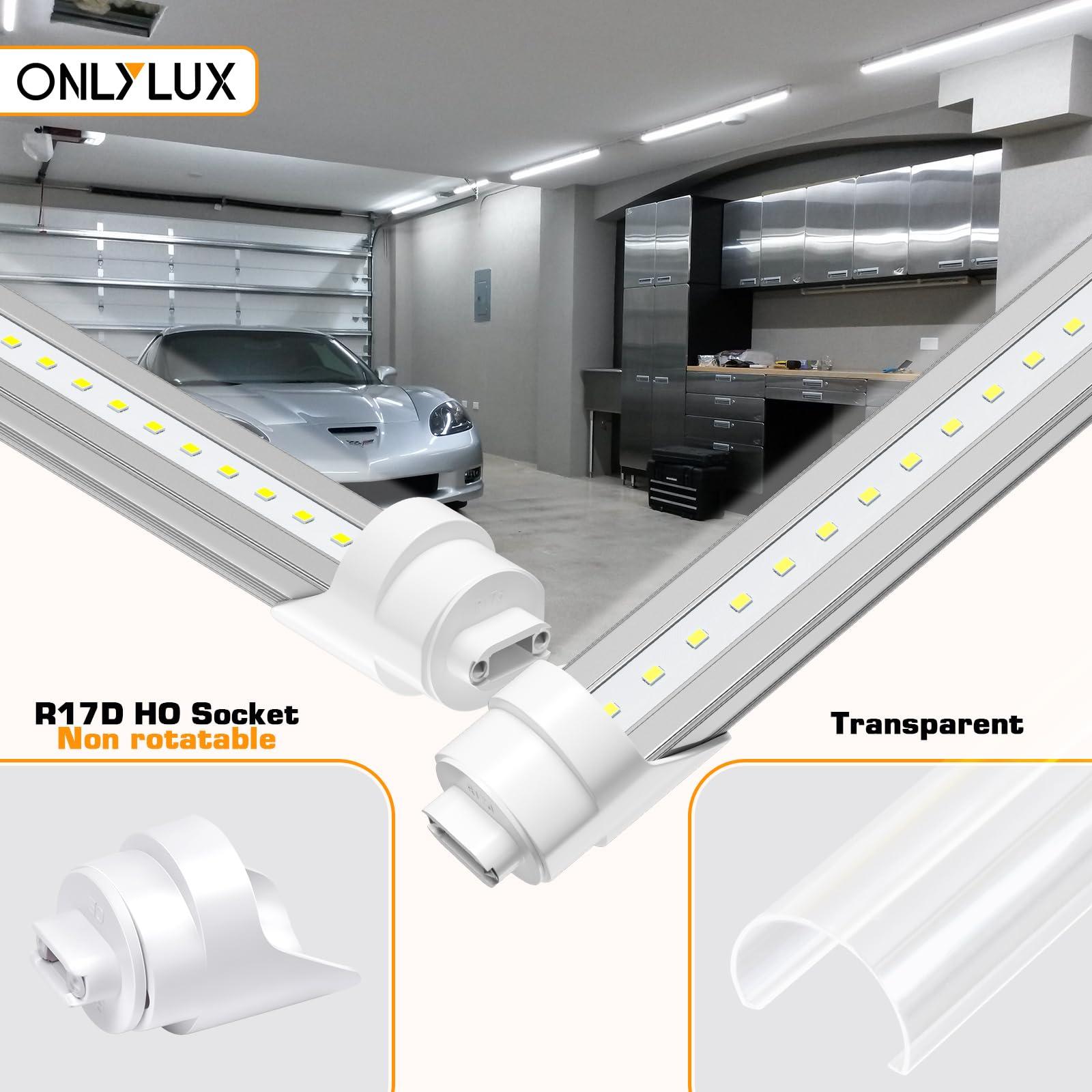 ONLYLUX ONLYLUX 8ft R17D LED Tube Light, F96t12 HO 8 Foot Led Bulbs, 96'' 8ft led Shop Light to Replace T8 T12 Fluorescent Light Bulbs, 100-277V Input, 4800LM, Cold White 6000K, Clear Lens (10 Pack)