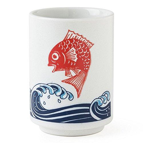 Yokohama Gifts Japanese 4"H Porcelain Tea Sushi Coffee Cup "Tai Fish Over Waves", Made in Japan