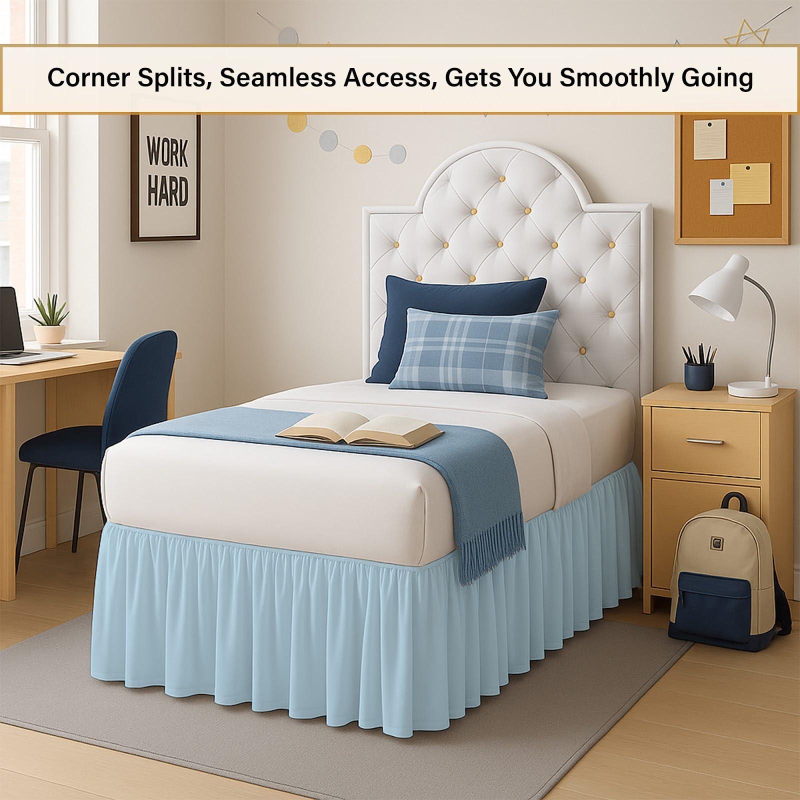 Olivialinen Dorm Room Bed Skirt - College Dorm Bed Skirt - Extra Long Bed Skirts for Dorm Rooms - Elegant Design Brushed Microfiber- Long Bed Skirt Dorm (Light Blue Solid, Twin XL/46 Drop)