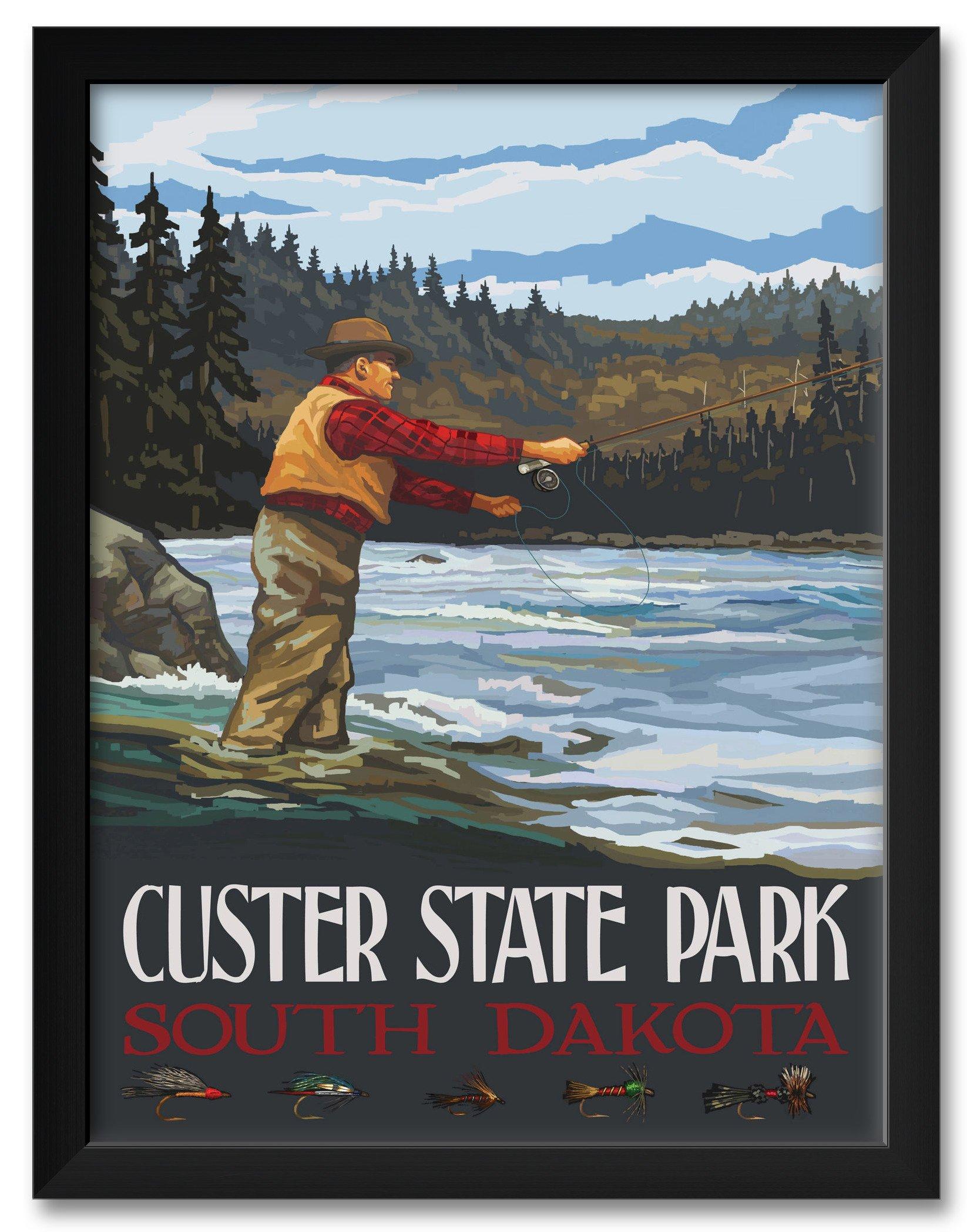 Northwest Art Mall Custer State Park South Dakota Fly Fisherman Stream Hills Professionally Framed Art Print from Travel Artwork by Artist Paul A. Lanquist Framed Art Size: 20\" x 26\"