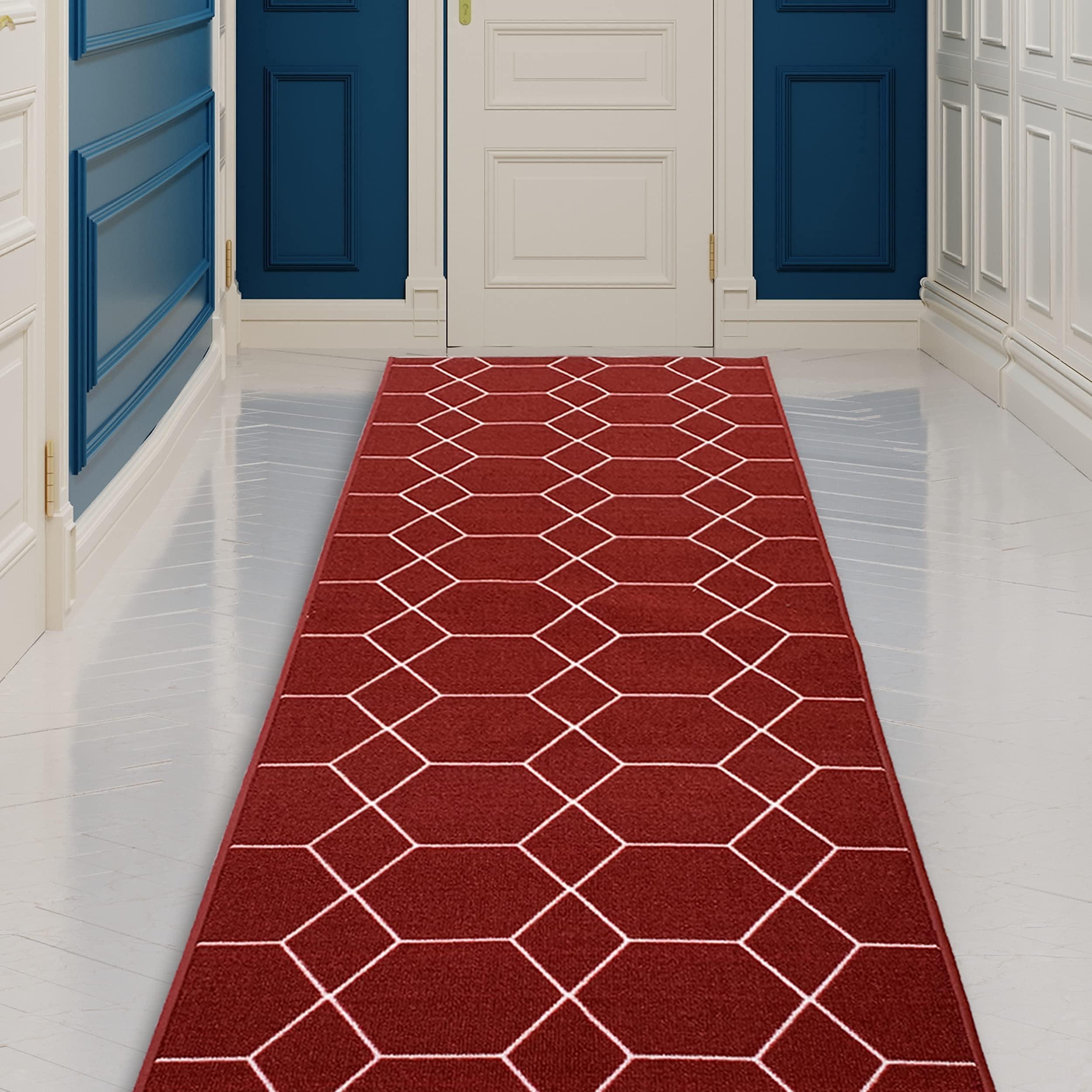 CreativeDeco Custom Made Runner Rug for Kitchen Foyer Hallway Entry Choose Your Length Size 31 Inch Wide Geometric Lattice Design Red Color (39 feet x 31 Inch)