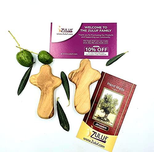 Zuluf Zuluf Two Small Olive Wood Crosses Pocket Holding Comfort Crosses | Handheld Comforting Design for Clutching, Clinging and With Two Holy Land Certificates 6cm / 2.5 Inch Each Cross - CRS094