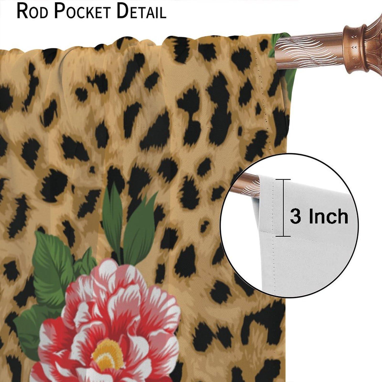 HLLYY Leopard Flower Curtains Pink Red Rose Floral Brown Animal Skin Print Print Blackout Window Drapes for Bedroom Living Room Bathroom W36xL63 Inch x2 Panels