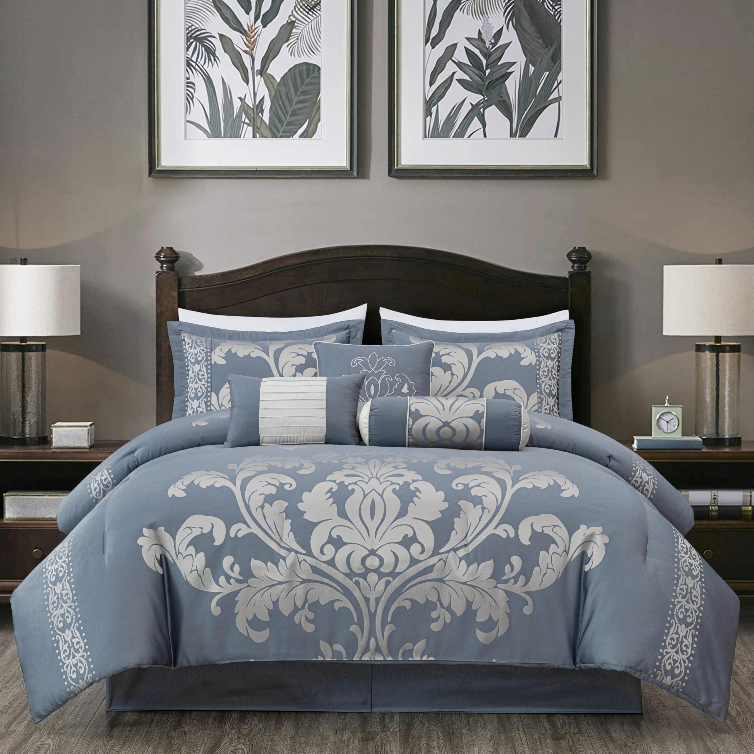 Chezmoi Collection Chezmoi Collection Royale 7-Piece Jacquard Floral Comforter Set, Oversized Queen, Grayish Blue/Gray