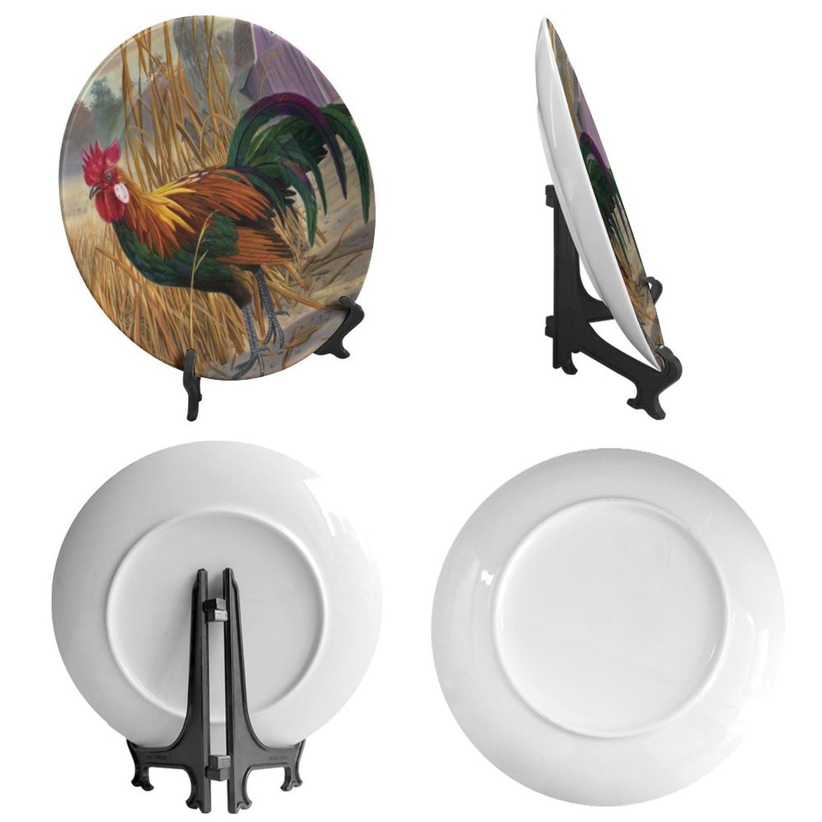 Bictucem Rooster Decorative Ceramic Plates, 6 Inch, Chicken In Rice Field Round Display Plate, Handmade Ceramic Ornament, Ceramic Craft for Wall Hanging Decorative