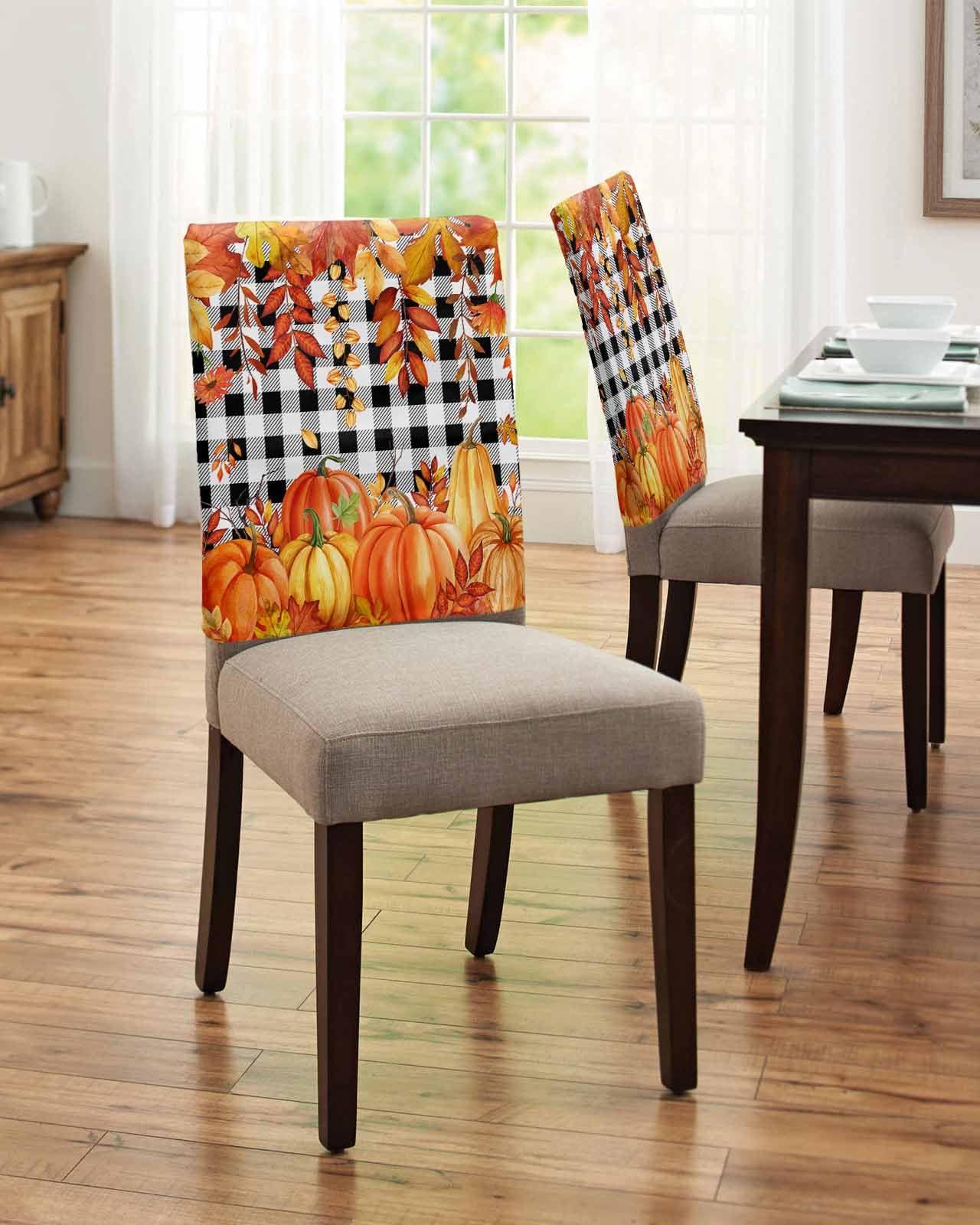 LOVE HOME DAY Fall Thanksgiving Chair Back Covers Set of 8,Orange Pumpkin Maple Leaf Harvest Farm Chair Slipcovers,Black and White Removable Dining Chair Protector for Kitchen Hotel Restaurant Banquet Decor
