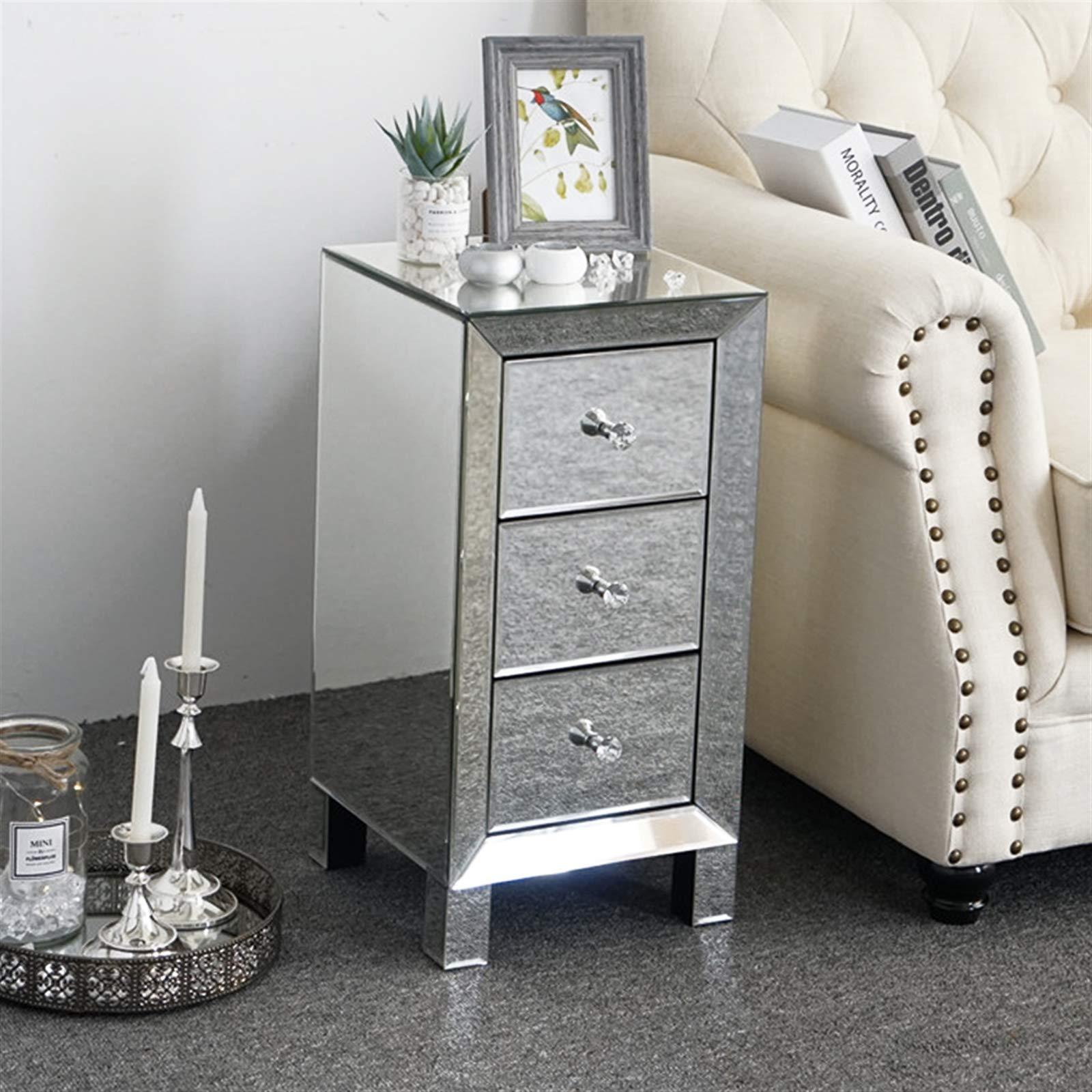 Ochine Ochine 3 Drawer Mirrored Nightstand End Table Silver Modern and Contemporary Bedside Table Mirror Accent Side Table Mirrored Furniture for Small Space, Bedroom, Living Room (Ship from USA)