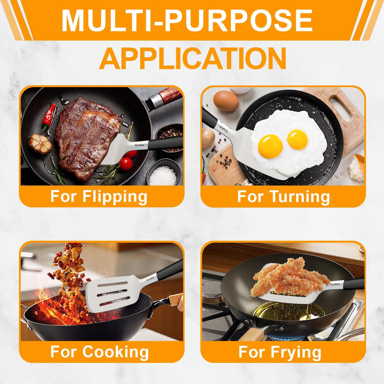 Svailse Svailse Stainless Steel Spatula, 13.4 Inch Metal Spatula for Kitchen Use, Heavy Duty Turner with Silicone Handle, Set of 2 Solid & Slotted Metal Turner for Cast Iron Skillet, Grilling and Cooking