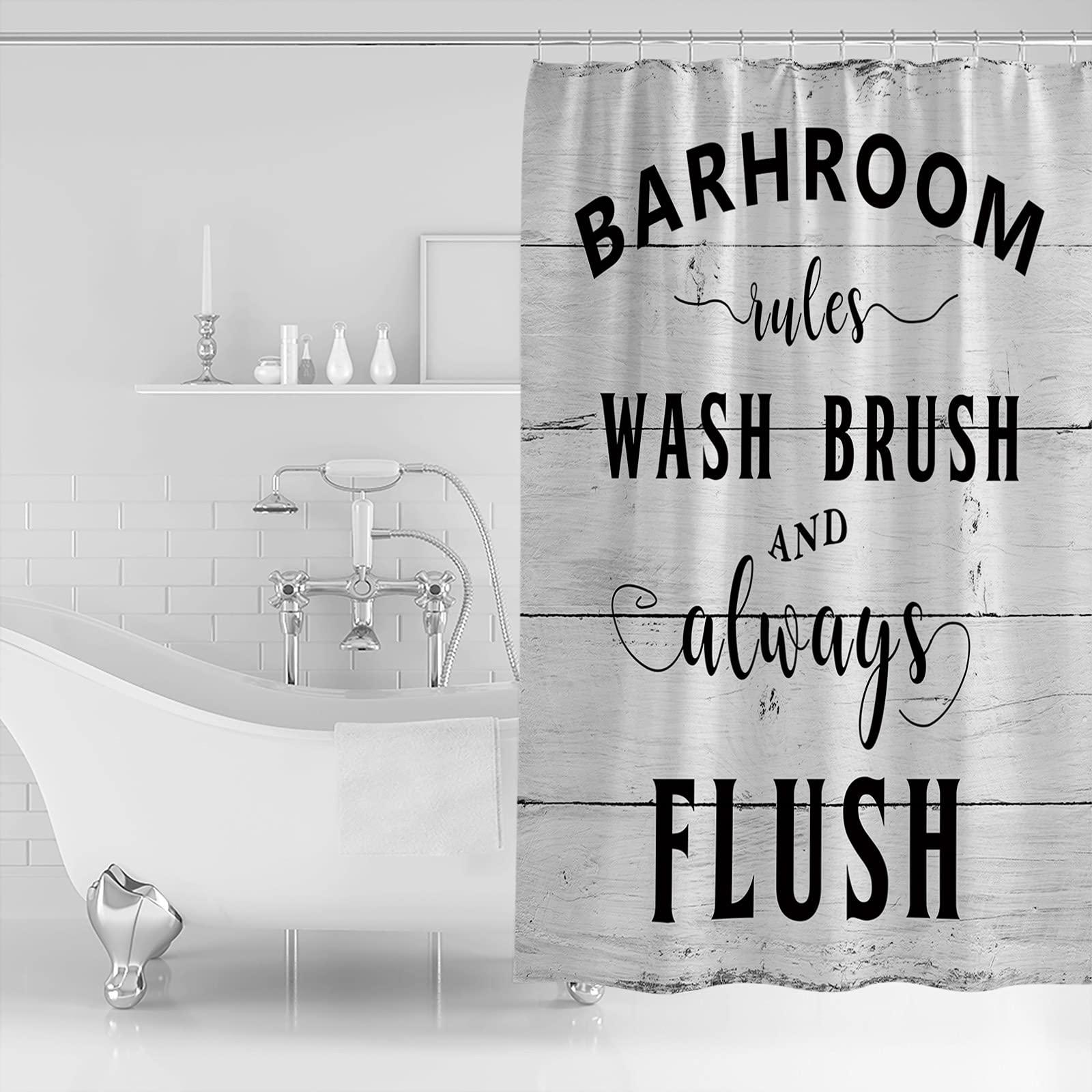 Pinroote Pinroote Bathroom Rules Shower Curtain, Stall Shower Curtains for Bathroom/Bathtub, Farmhouse Wooden Grain Striepd White Waterproof Fabric Shower Curtain Set with 12 Hooks, 60\" x 72\"