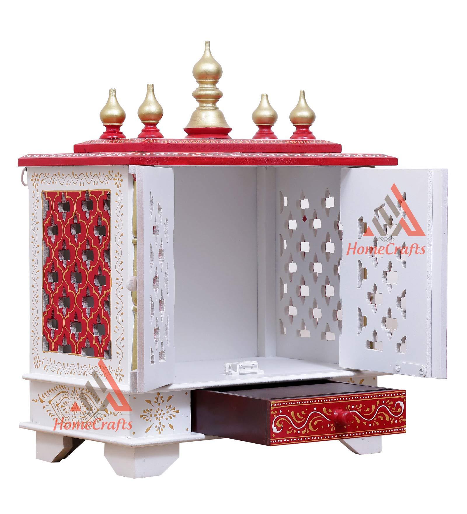 Homecrafts Handpainted Wooden Home Temple with Doors, Rajasthani Art (in Side Puja thali, Poja Books,God Pics.LED Lights nd More.