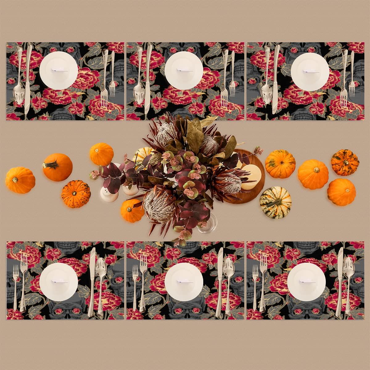 SEEKJOYS Placemats Creative Peony Prints Set of 4 12x18 Inch Stain Resistant Heat-Resistant Washable Durable PVC Table Mat for Home Decor Kitchen Table Skull Woven Vinyl Fall Placemats