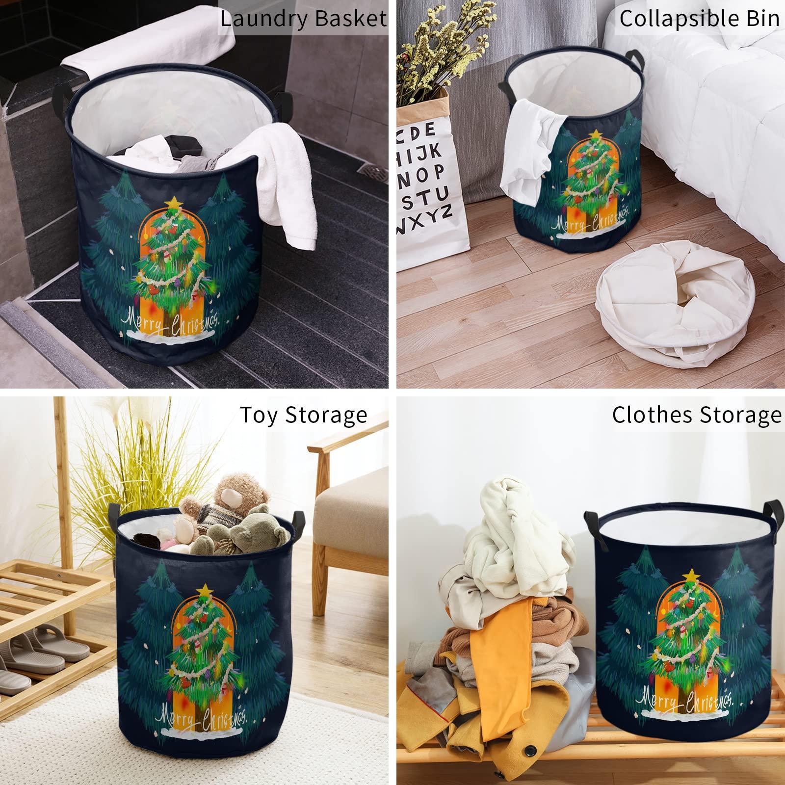 ZOE STORE Merry Christmas Large Laundry Basket, Waterproof Laundry Hamper for Baby Clothes, Green Xmas Tree Orange Lighting Black Foldable Laundry Baskets with Handles, 16.5\'\'x17\'\'