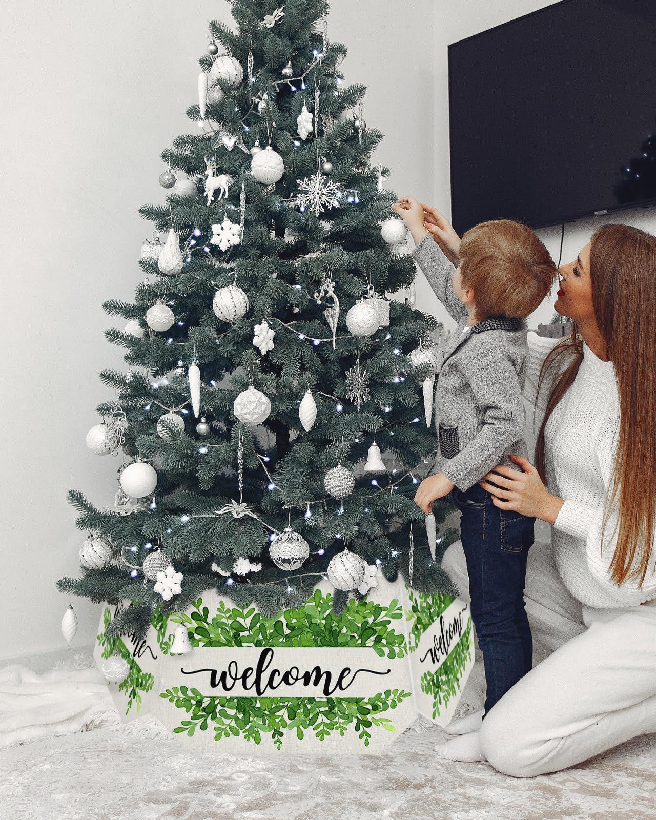 AMZRicher Christmas Tree Collar, Summer Botanical Tree Skirts Xmas Tree Trunk Ring Collar Box Stand Cover for Artificial Trees Base Holder Cover Festival Decor Welcome Green Leaf Rustic Burlap