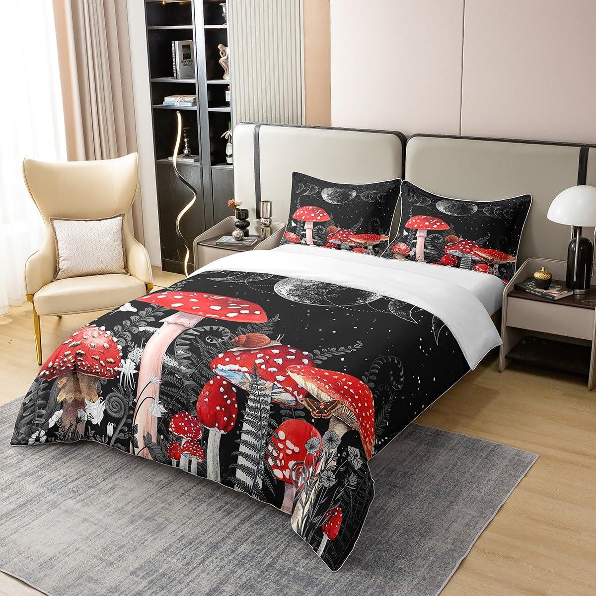 Castle Fairy King Size 3 Pcs Red Mushroom Duvet Cover 100% Cotton Sun Moon Exotic Starry Galaxy Bedding Set for Kids Teens Adults Wild Botanical Burgundy Plants Comforter Cover with 2 Pillowcases(No Comforter)