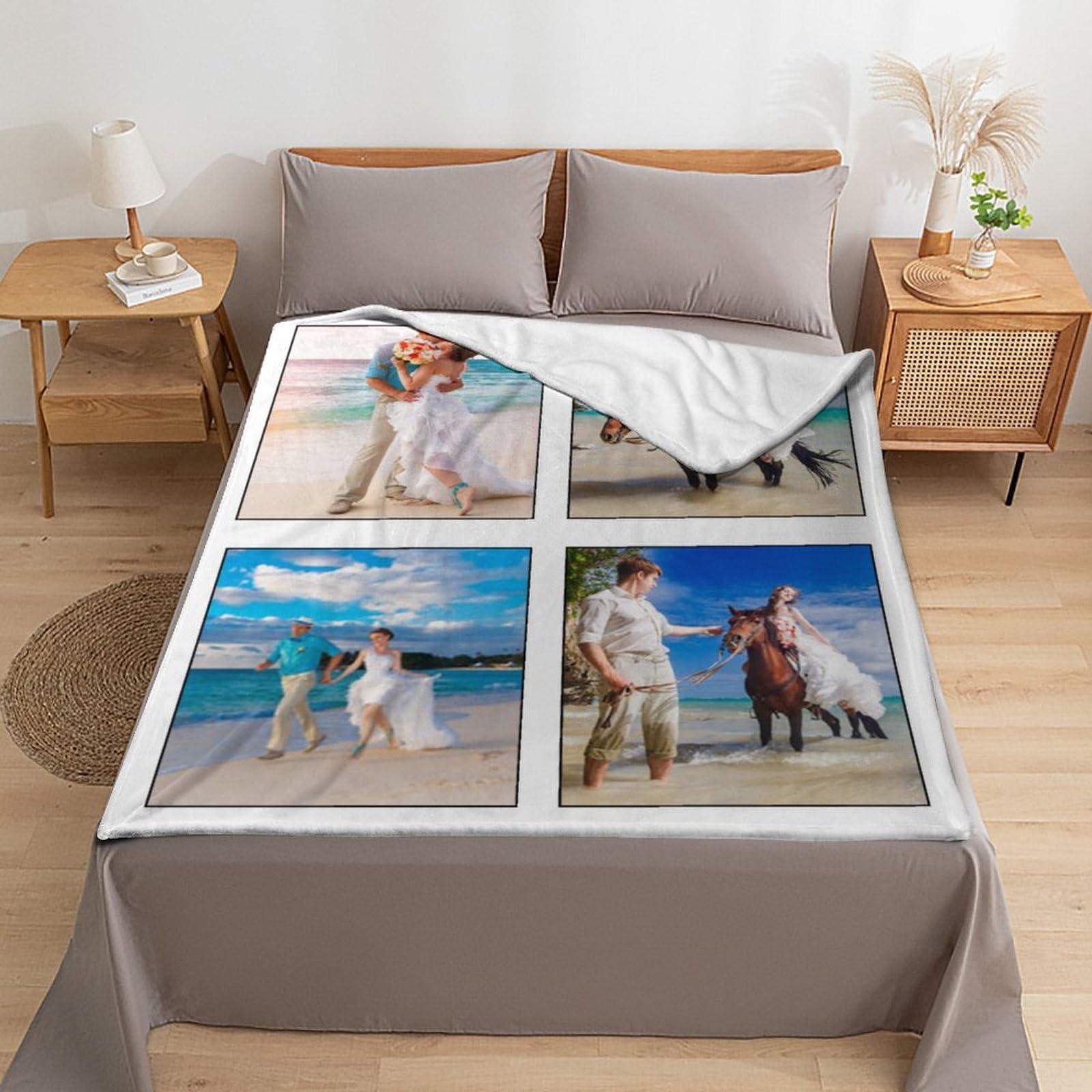 WIORUTI WIORUTI Custom Blanket with Photo Text Personalized Throw Blankets Customized Picture for Mother Father Adult Friends Personalized Gift Flannel Blanket Birthday Christmas, 4 Photos, 31\"x47\"