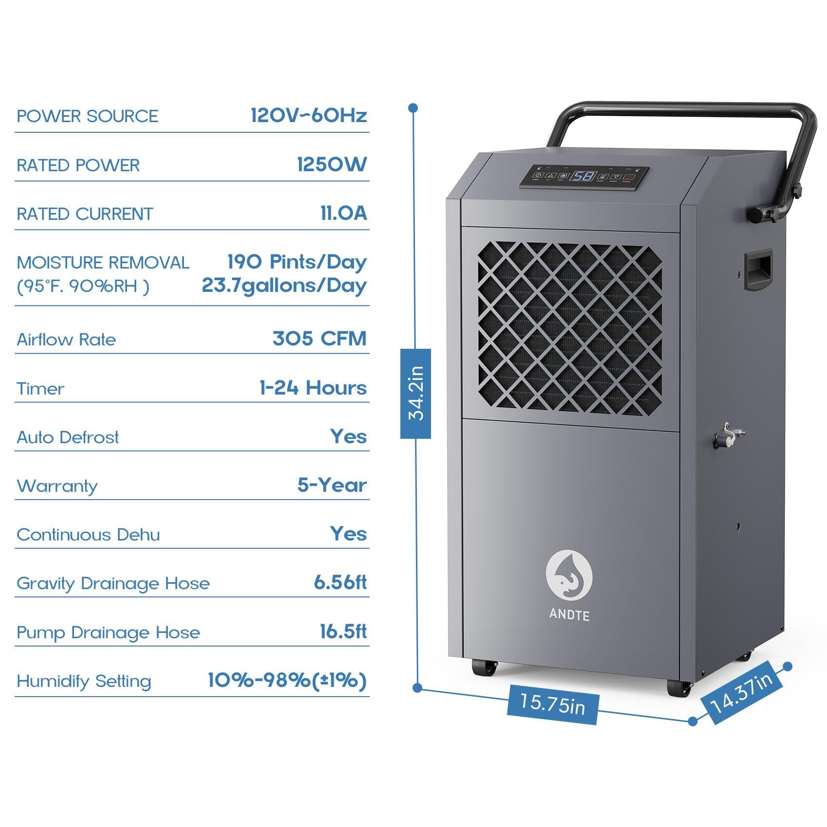 ANDTE ANDTE 190 Pints Commercial Dehumidifier with PumpDrain HoseIndustrial Dehumidifiers,Built-In Pumpfor Basement, Crawl Space, and Job Sites