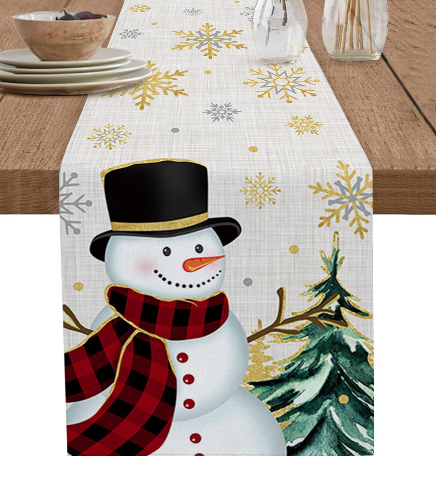 Shine-Home Snowman Table Runner 48 Inches Long Cotton Linen Tablerunner Dresser Scarves, Burlap Kitchen Dinner Cafe Table Runners Table Decor for Coffee/Party/Wedding, Christmas Tree Gold Snowflake Green