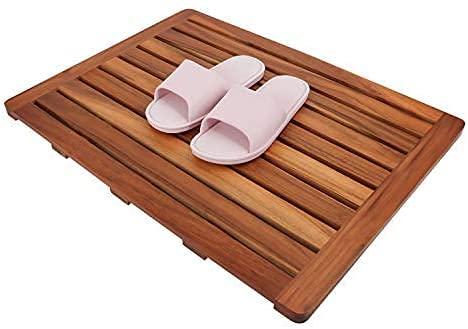 Utoplike Utoplike (32\" x 18\") Teak Wood Bath Mat and Teak Wood Bathroom Shelf Organizer Freestanding Set