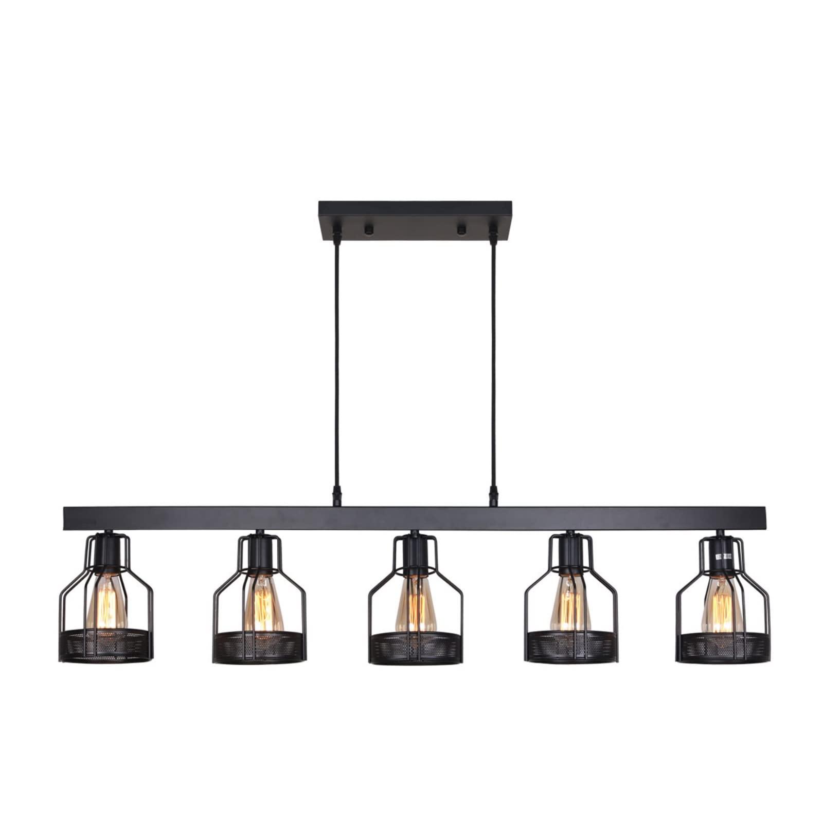 UNITARY UNITARY Farmhouse Pendant Lights Kitchen Island, Kitchen Light Fixtures, Rustic Dining Room Light Fixture with 5 E26 Bulb Sockets, Black Metal Long Pool Table Lights, Ceiling Pendant Light Fixtures