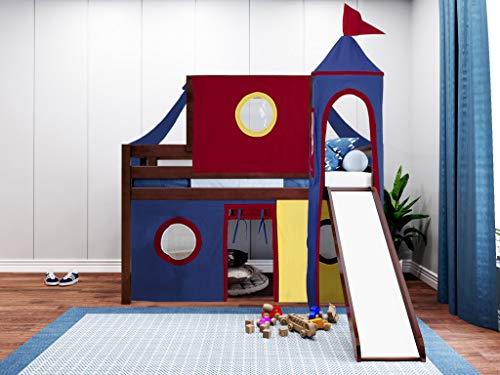JACKPOT! JACKPOT! Castle Low Loft Bed with Slide, Red Yellow and Blue Tent and Tower, Twin, Cherry