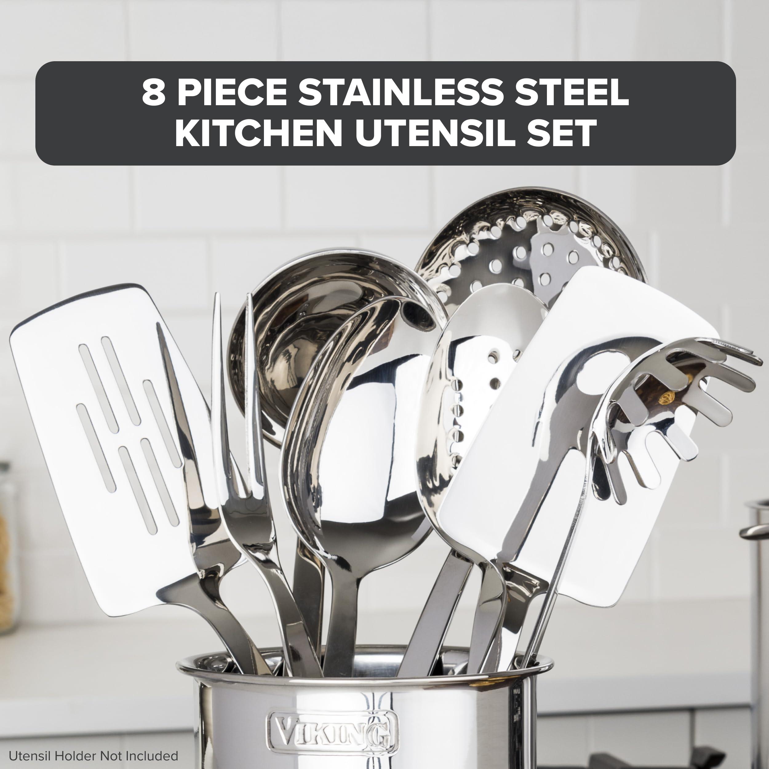 Viking Viking Kitchen Utensils Set, 8 Piece Stainless Steel Cooking Utensil Set, Includes Spatulas, Spoons, Pasta Fork, Deep Ladle, Meat Fork, and Skimmer, Silver