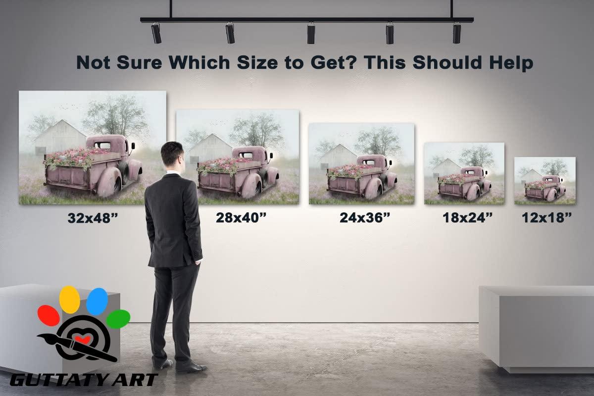 GUTTATY Farmhouse Truck Wall Art, Farmhouse Canvas Wall Art, White Barn Pictures Wall Art, Country Antique Pickup Truck Canvas Prints, Pink Truck With Petunias Canvas Wall Decor for Livingroom 28x40 Inches