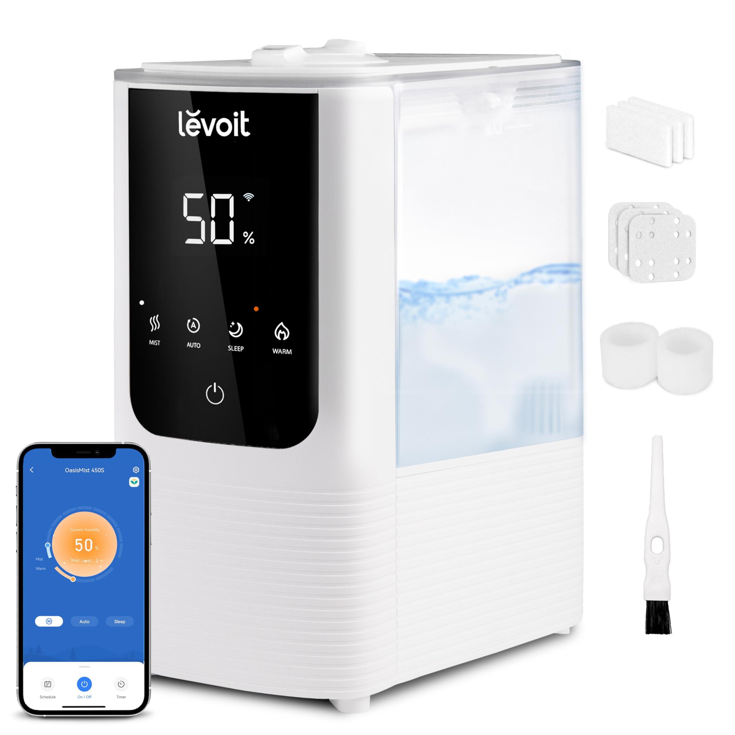 LEVOIT LEVOIT Humidifiers for Bedroom Home, Smart Warm and Cool Mist Air Humidifier for Large Room, Auto Customized Humidity, Fast Symptom Relief, Easy Top Fill, Essential Oil, Quiet, OasisMist4.5L, White