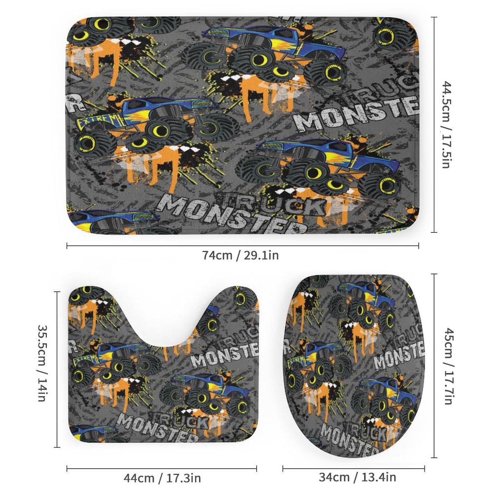 JretailAx Abstract Monster Truck Car Shower Curtain Sets 4 Piece,Boys Shabby Paint Style Sports Theme Monster Trucks Bathroom Decor Sets with Rugs Include Waterproof Non-Slip Toilet Lid Cover Bath Mat