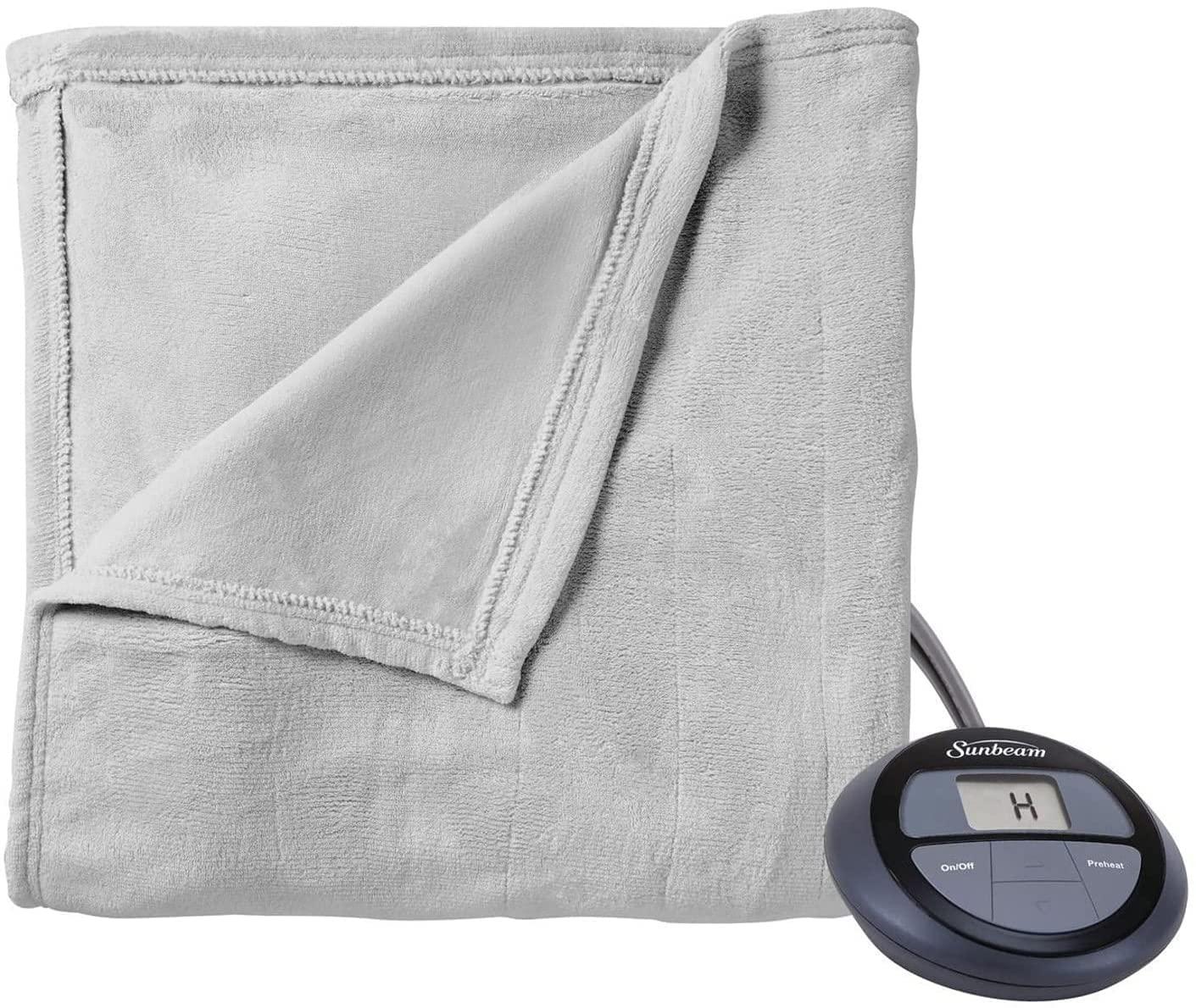 Sunbeam Sunbeam Queen MicroPlush Heated Electric Warming Blanket 10 Heat Settings 2-Digital Controllers Machine Washable, Light Grey, Queen