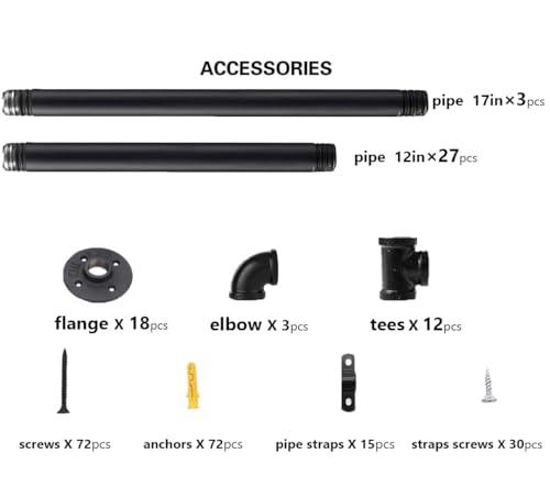 Kaler Industrial Iron Pipe Shelves, 3 Set 5-Tier, 68\" Tall, 12\" Depth, DIY Open Bookshelf Bookcase, Wall Mounted Vintage Retro Shelving, Rustic Farmhouse Pantry Kitchen Storage, Black Shelf Brackets