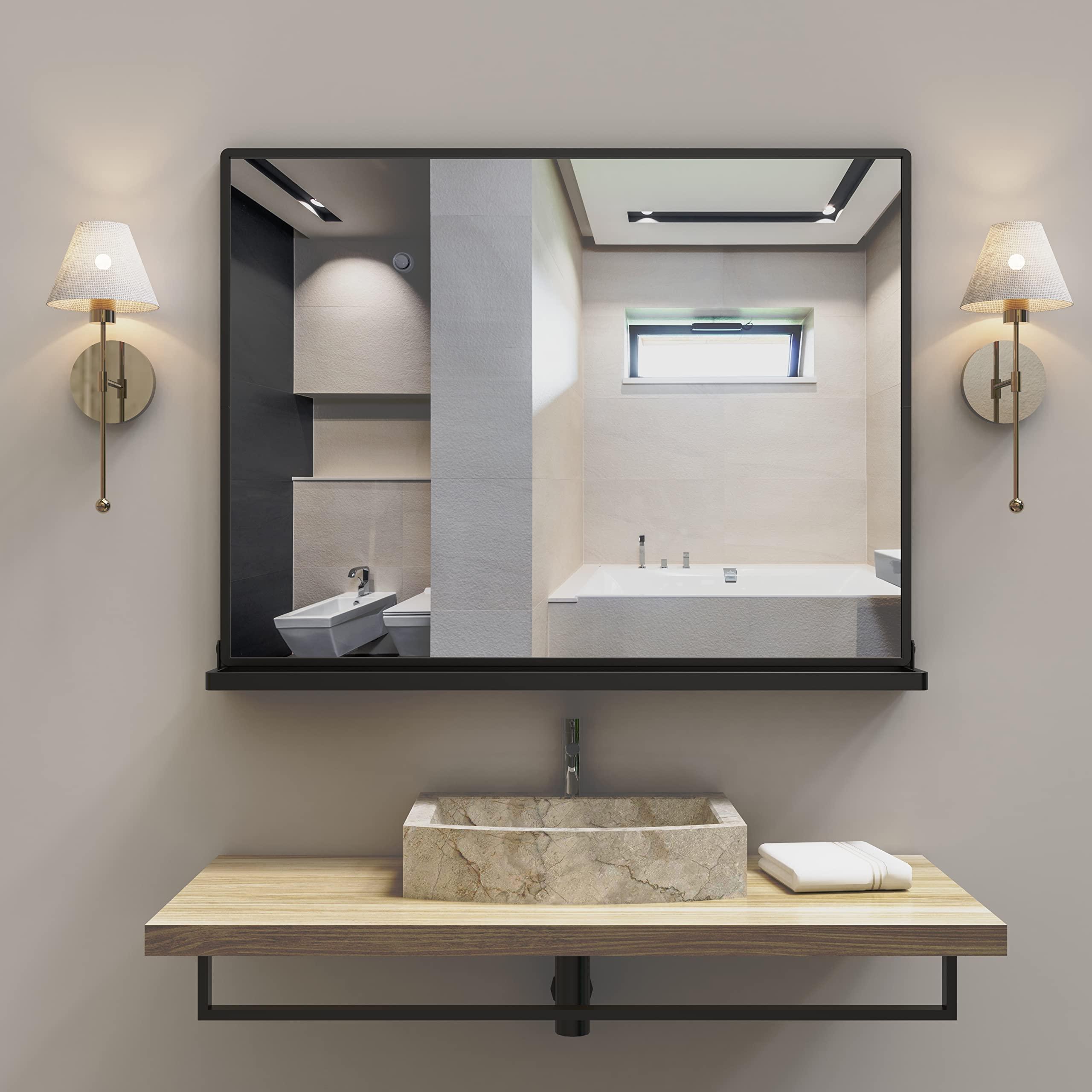 ANYHI ANYHI Black Bathroom Wall Mirror with Shelf, 32\" 24\" Metal Frame Rectangle Mirror for Bathroom with Shelf, Perfect for Living Room, Bedroom, Entryway, Horizontal or Vertical