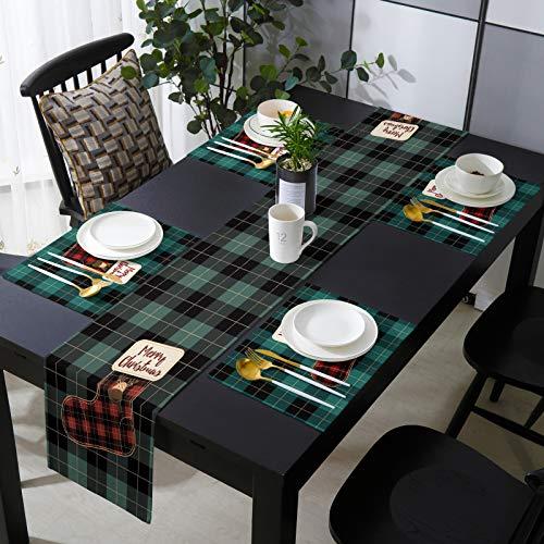 QueenKer Christmas Table Runner Placemats Set of 6 Xmas Reindeer Green Red Black Buffalo Plaid 90 Inches Long Table Place Mats for Holiday Kitchen Dining Wedding Farmhouse Party Home Decoration