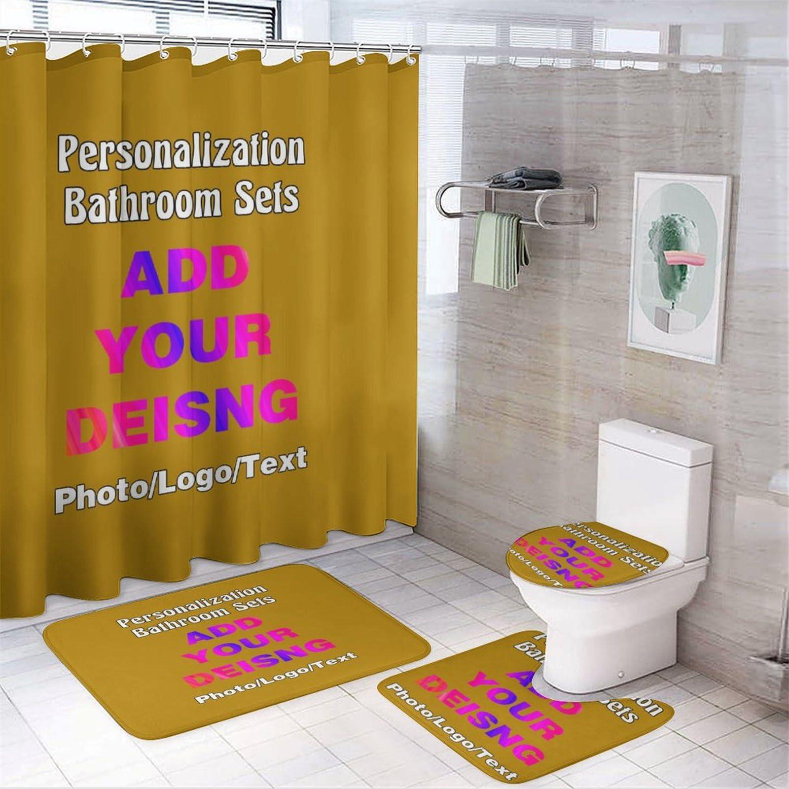 Qlptzwd Custom 4 Piece Bathroom Rug Set Personalized Customized Image Photos, Customize Shower Curtain 4 Piece Set Include 12 Hooks, 1 Bath Mat, 1 Contour Mat, 1 Toilet Lid Cover, DarkGoldenrod
