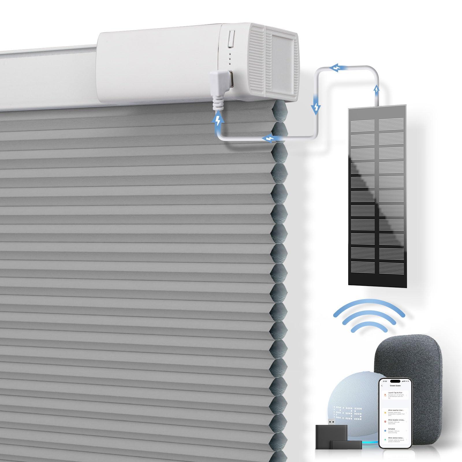 UGOODS Solar Powered Rechargeable Motorized BlindsFree Solar Panel 100% Blackout Cellular Shades with Remote, Cordless Automatic Electric Blinds, 39" Wx64 H, Grey