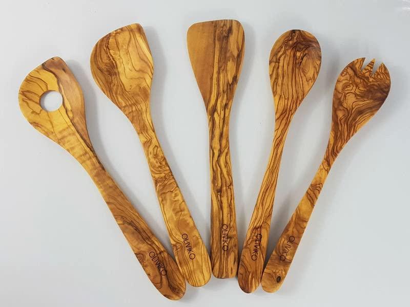 OLIVIKO OLIVIKO 100% Handmade Olive Wood Utensils Kit of 5 Utensils and Holder + Salad serving set + 1 Spatula + 2 Spoon Olive Wood
