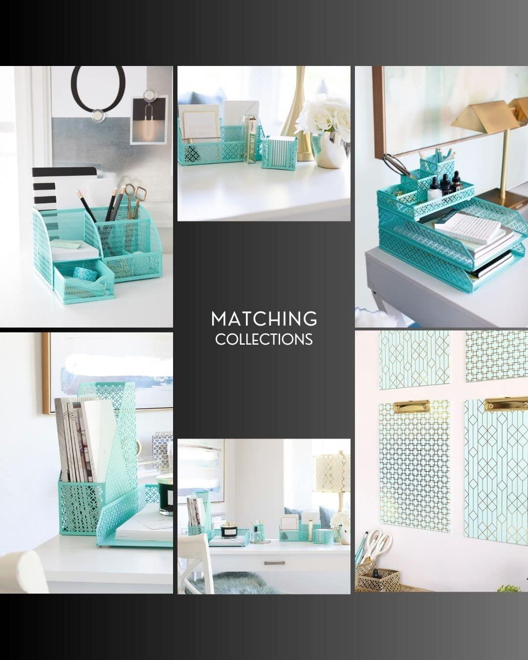 BLU MONACO BLU MONACO Floral Magazine Holder Cute Set of 4 Foldable Magazine File Boxes Aqua Floral Pattern with Gold Label Holder- Magazine Rack Desk Organizer, Binder Holder, Vertical File Folder Organizer