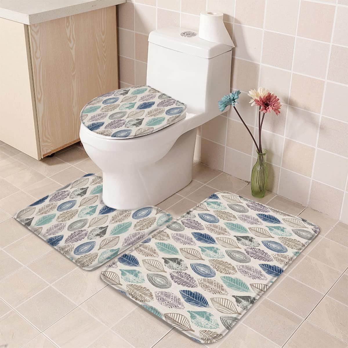 Houseown Houseown Farmhouse Bathroom Rugs Mat Sets 3 Piece, Leaves Specimens Blue Khaki Teal Purple Burlap Background Bathroom Decor Mat Set with Non-Slip Rug, Toilet Lid Cover and Bath Mat Accessories