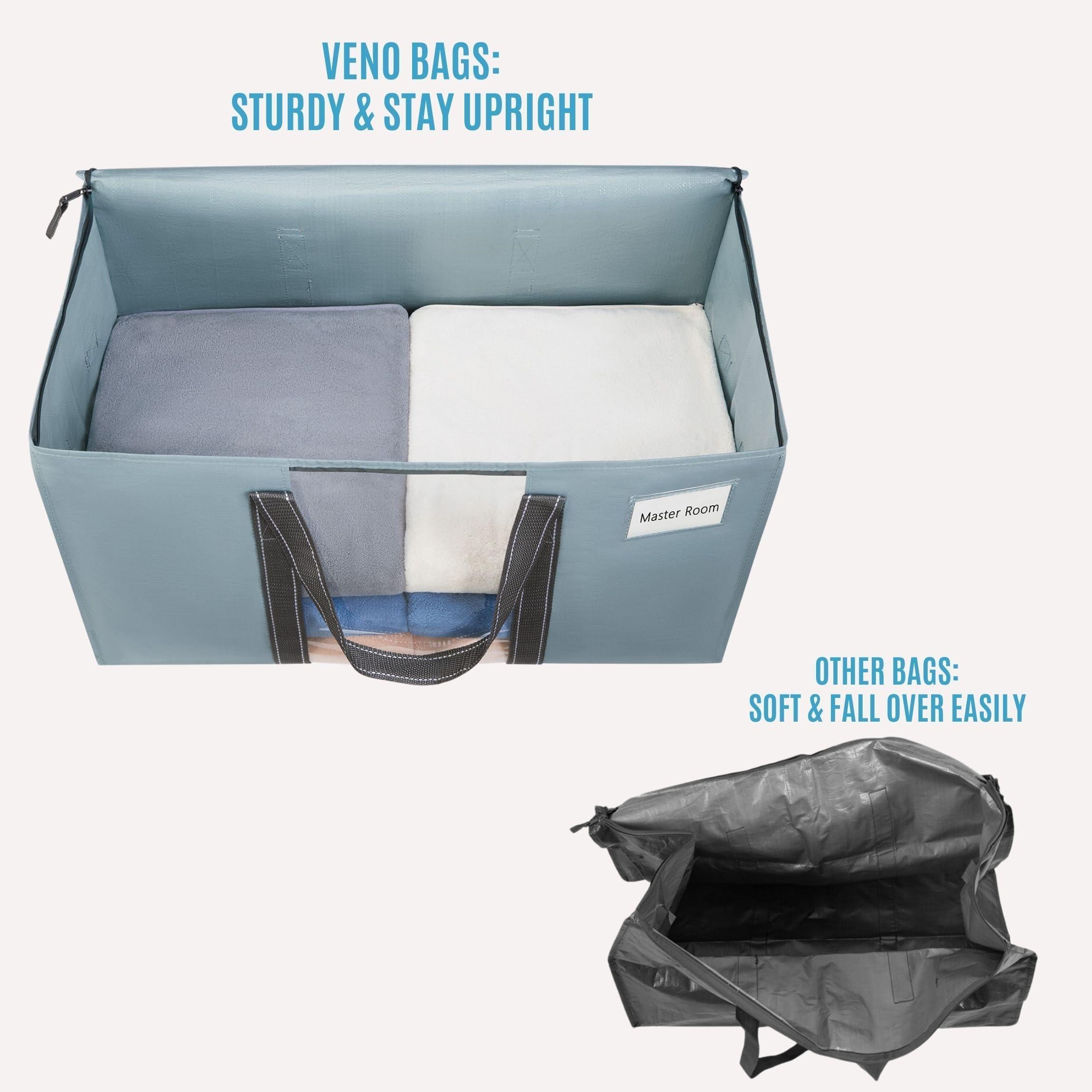 VENO VENO 4 Pack Moving Bags, Moving Supplies, Moving Boxes, College Packing Storage Boxes with Lids Alternative, Heavy Duty Totes, Extra Large, Sturdy Handles, Zipper (Light Blue with Window, 4 Pack)