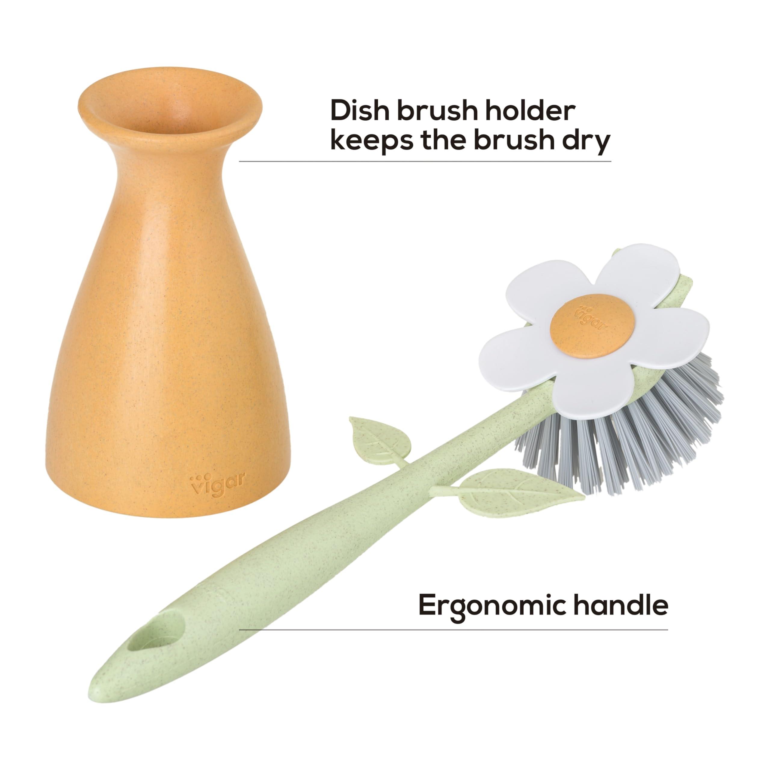 Vigar Vigar Florganic Daisy-Shaped Dish Brush with Vase Dish Brush Holder, Dish Brush with Handle, for Pot Scrubber, Kitchen Dishes, and Sink Cleaning, Orange