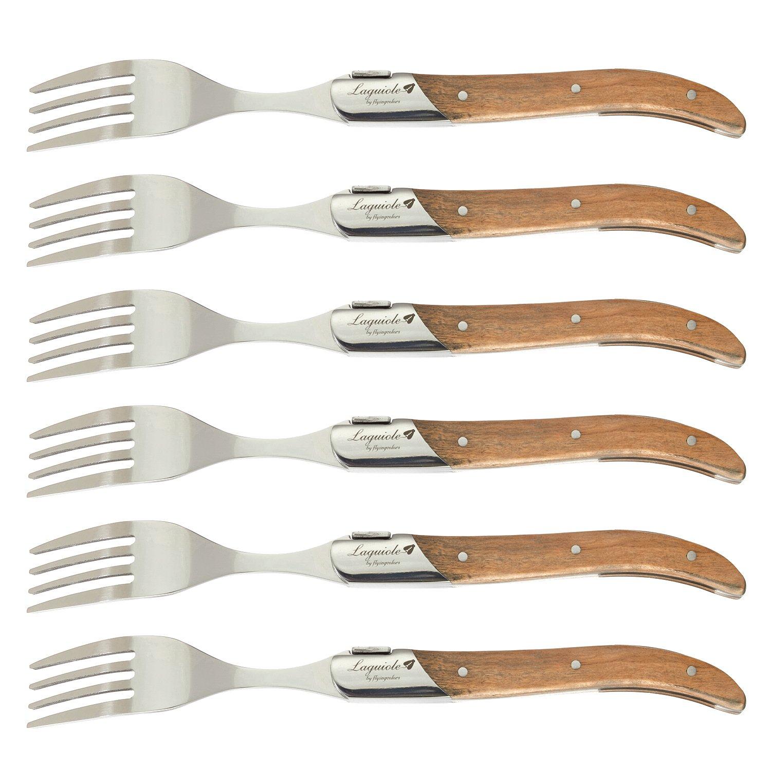 FLYINGCOLORS Laguiole by FlyingColors Dinner Forks Set Stainless Steel, Olive Wood Handle, Gift Box, 6 Pieces