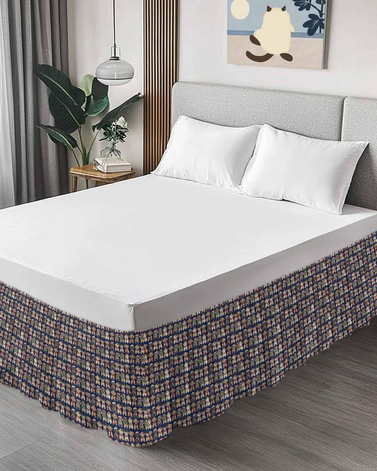 IDOWMAT Christmas Pet Dog Santa Hat Ruffled Bed Skirt,Elastic Wrap Around Bed Skirts for 72x84 Inch Bed, Winter Xmas Ornament Navy Bedskirt with 16 Inch Drop Easy Fit Bed Frame Cover