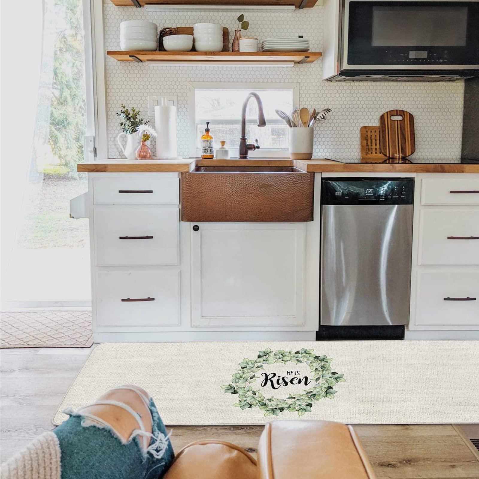 Carosoffe Easter Kitchen Rugs Set of 2 Floor Mats, Spring Eucalyptus Leaf Wreath Burlap Texture Kitchen Rugs and Mats Non Skid, Cushioned Comfort Standing Mats, 16"x24"+16"x48"