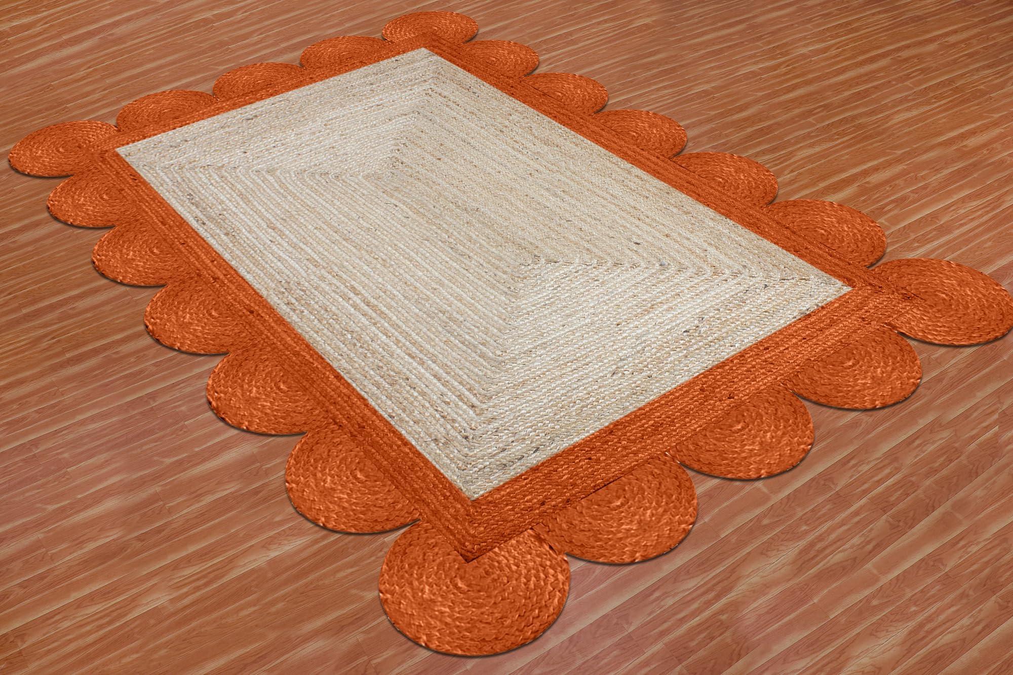 CASAVANI CASAVANI Scalloped Edge Rug, Braided Natural Jute Fiber Area Rug, 9x9 Ft Square Beige & Orange Woven Kilim Rug for High Traffic Area Living Room, Kitchen, Entryway, Farmhouse
