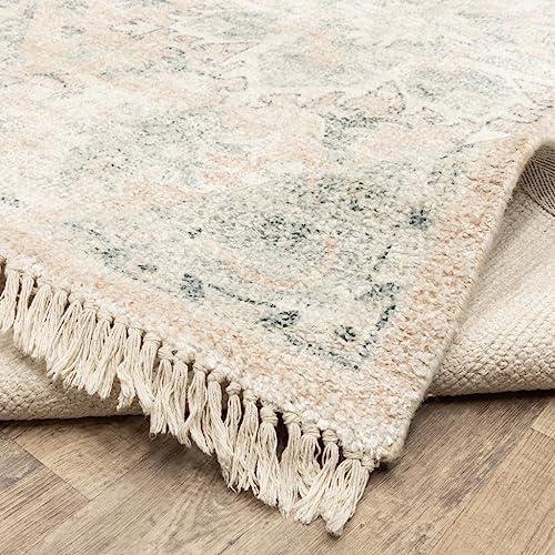 HomeRoots 10' X 13' Beige and Grey Oriental Hand Loomed Stain Resistant Area Rug with Fringe