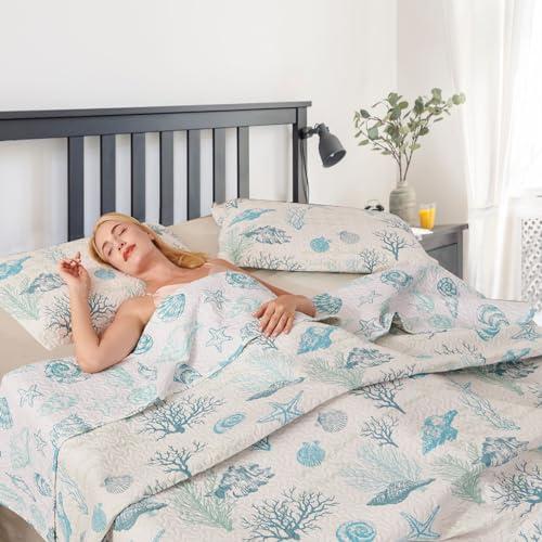 Junsey Junsey 3Pcs Ocean Theme Quilts Set Full/Queen Size Lightweight Coastal Bedding Beach Theme Bedspread Coverlet All Season Nautical Bed Sheet with 2 Pillowshams(Light Blue, Full/Queen)